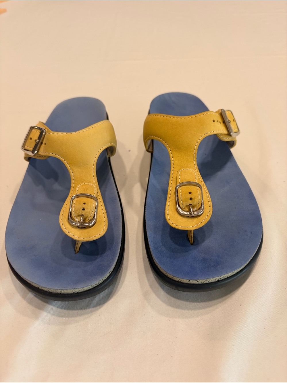 SAS Sanibel Yellow Blue Leather T-Strap Comfort Thong Sandals Size 6 M